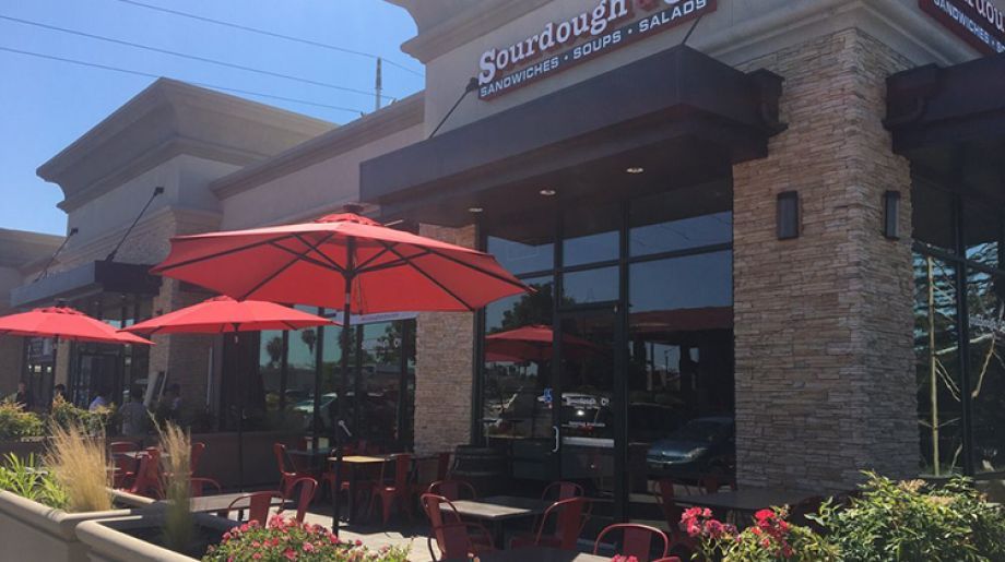 The inviting entrance of Sacramento Howe Avenue Sourdough & Co. showcasing a menu focused on the best sandwiches, soups, and salads